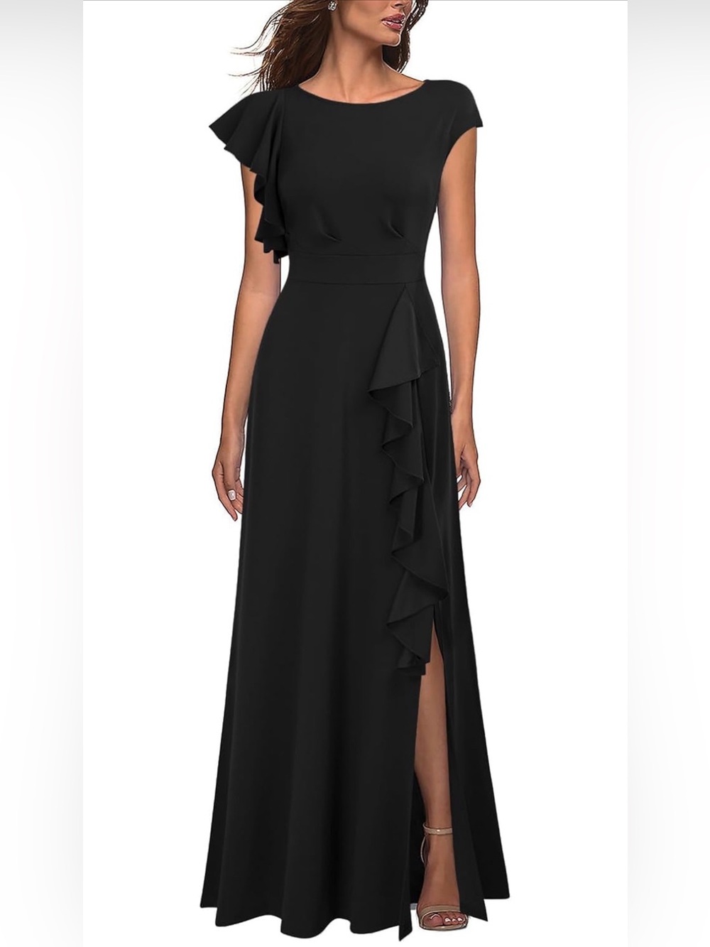 NWT Formal Ruffle Black Maxi Dress, cap Sleeve, sexy slit, Large